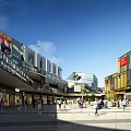 Vibrant Commercial Street With Colorful Buildings Pedestrians Billboards And Outdoor Square