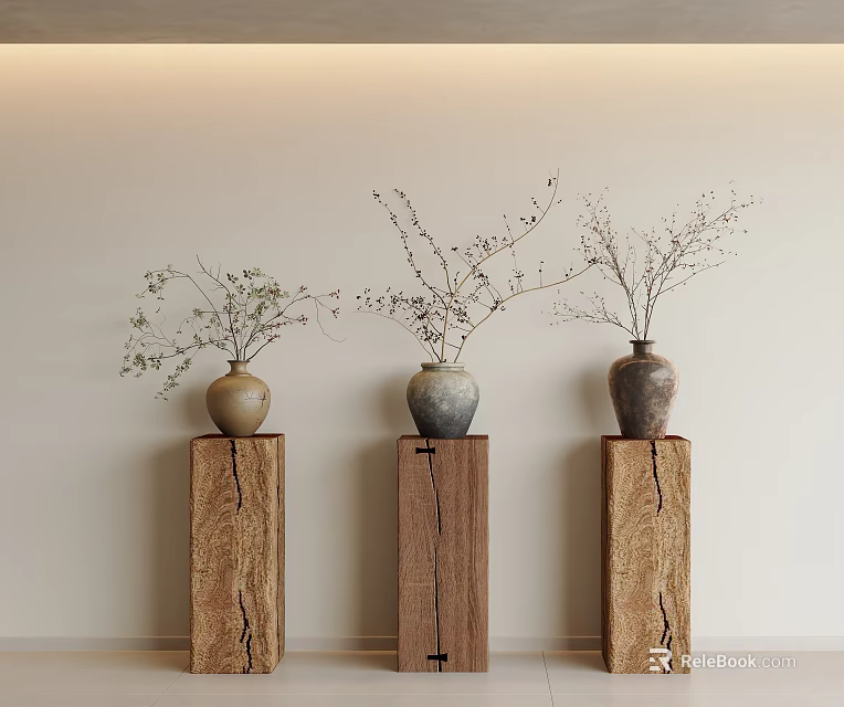 Bonsai Potted Plants In Ceramic Vases On Three Natural Wooden Pedestals Minimalist Light Colored Wall 3d model 