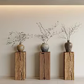 Bonsai Potted Plants In Ceramic Vases On Three Natural Wooden Pedestals Minimalist Light Colored Wall