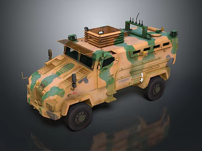 Camouflage Painted Military Vehicle With Armored Body And Roof Mounted Antenna 3d model
