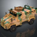 Camouflage Painted Military Vehicle With Armored Body And Roof Mounted Antenna