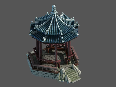 Traditional Chinese Pavilion With Multi tiered Roof Red Pillars And Stone Railings 3d model
