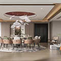Elegant Modern Private Dining Room Interior With Round Dining Table Brown Chairs And Circular Chandelier