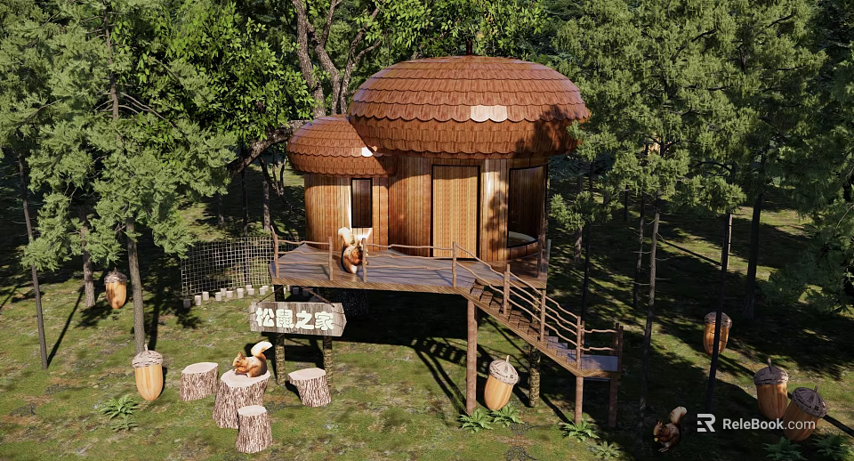 Wooden House in Forest with Mushroom Shaped Roof Wooden Platform and Squirrel Elements 3d model 