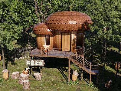 Wooden House in Forest with Mushroom Shaped Roof Wooden Platform and Squirrel Elements 3d model