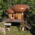 Wooden House in Forest with Mushroom Shaped Roof Wooden Platform and Squirrel Elements