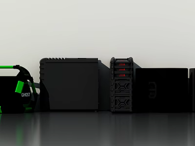 Modern Black Gaming Computer Case With RGB Lighting And Headphones Setup 3d model