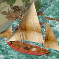 Traditional Wooden Sailboat With Beige Sails Sailing On The Sea With Red Hull