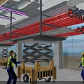 Industrial Building Interior With Red Pipes Scissor Lifts And Concrete Structure