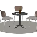 Modern Dining Table Set Round Black Tabletop Three Chairs Light Brown Backrests Silver Metal Legs 3d model