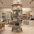 Shopping Mall Retail Store Interior With Wooden Shelves Display Counter And Packaged Products