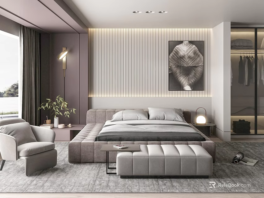 Modern Bedroom Interior Design With Gray Furniture Decorative Painting Floor Lamp And Window 3d model 