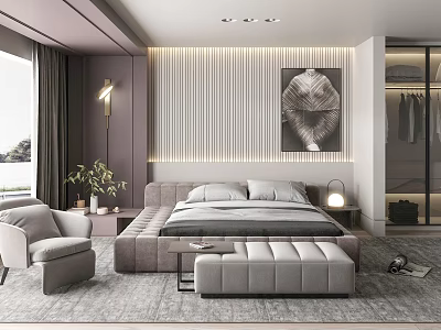 Modern Bedroom Interior Design With Gray Furniture Decorative Painting Floor Lamp And Window 3d model