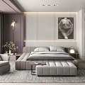 Modern Bedroom Interior Design With Gray Furniture Decorative Painting Floor Lamp And Window