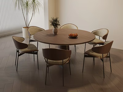 Modern Round Dining Table Set with Six Chairs Vase and Fruit Bowl on Wooden Floor 3d model