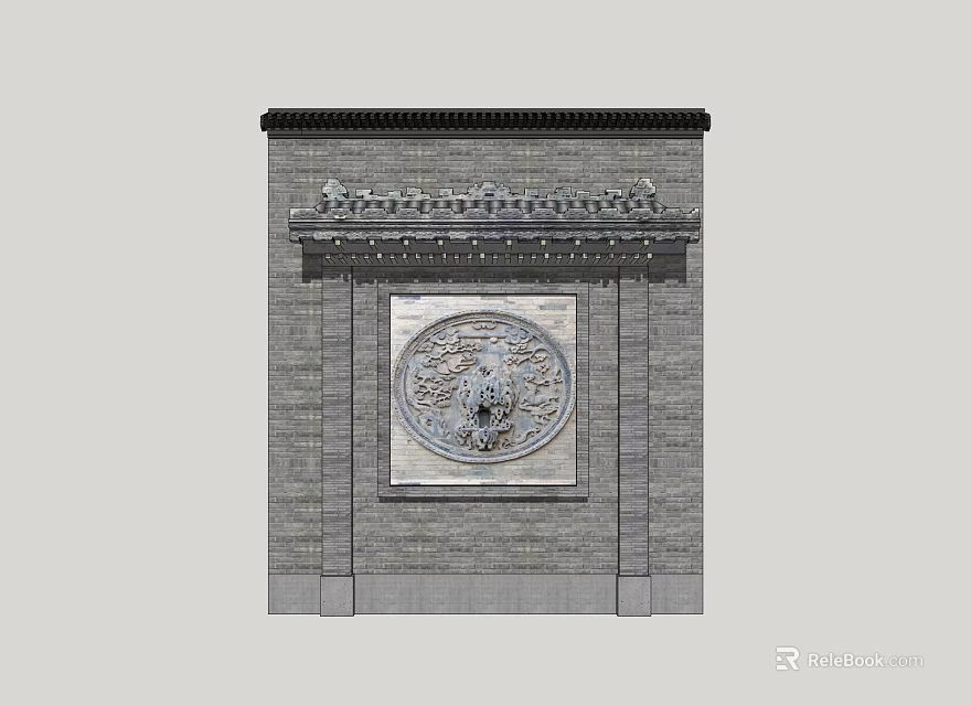Traditional Chinese Feature Wall with Circular Stone Carving and Brick Texture Design 3d model 