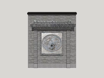 Traditional Chinese Feature Wall with Circular Stone Carving and Brick Texture Design 3d model
