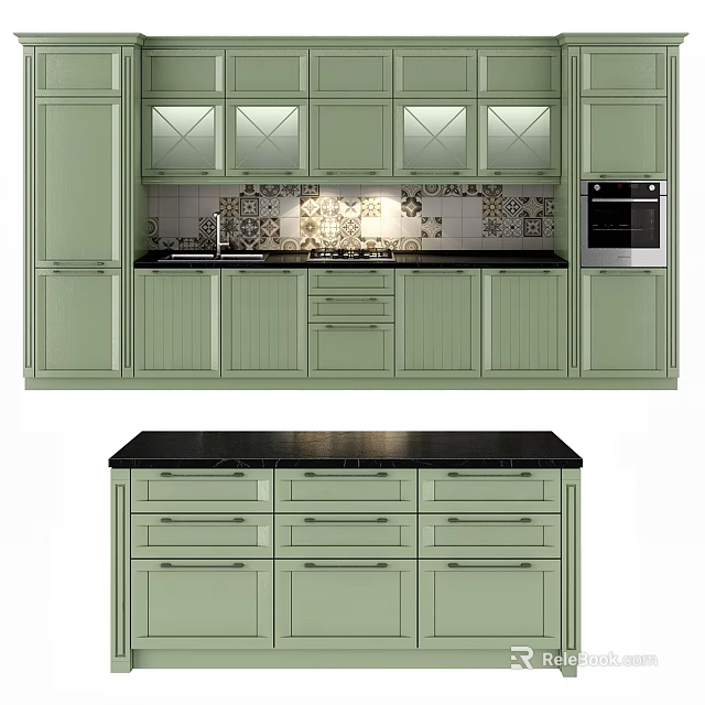 Stylish Green Kitchen Cabinets With Black Countertop And Decorative Tile Backsplash 3d model 