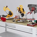 Industrial Equipment Setup Featuring Blue Hydraulic Jack Yellow Robotic Arm Workbench Tools And Column