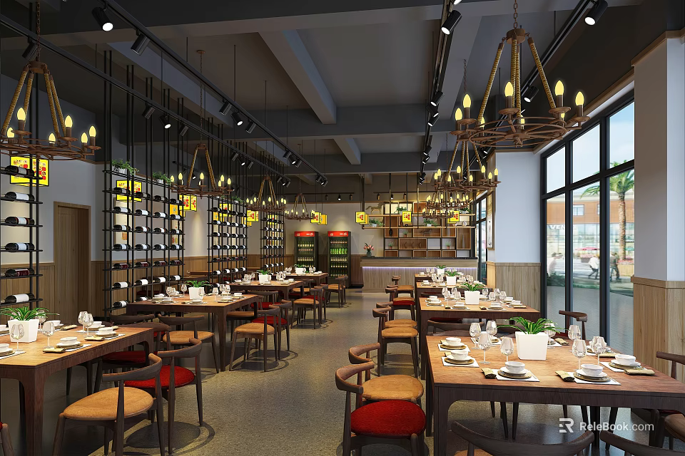 Modern Restaurant Interior With Dining Tables Chairs Hanging Chandeliers Wine Racks And Large Windows 3d model 