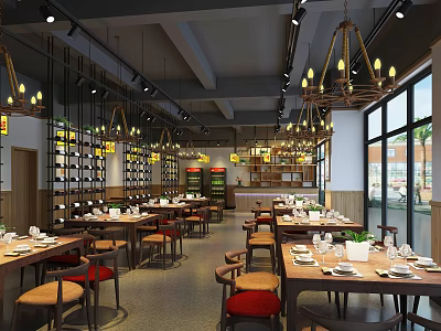 Modern Restaurant Interior With Dining Tables Chairs Hanging Chandeliers Wine Racks And Large Windows 3d model