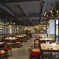Modern Restaurant Interior With Dining Tables Chairs Hanging Chandeliers Wine Racks And Large Windows