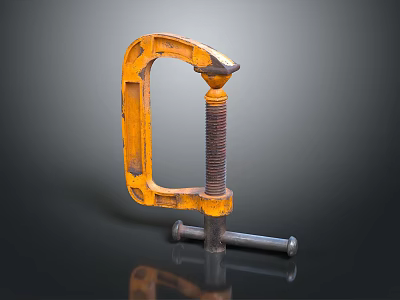Orange Metal C Clamp With Screw On Black Reflective Surface 3d model