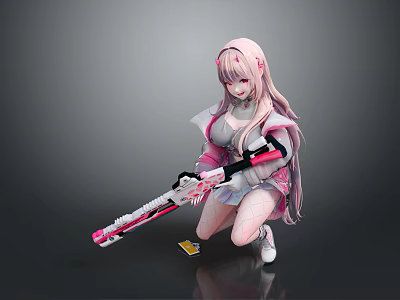 Game Character With Pink Long Hair Holding Pink White Long Gun Kneeling On One Knee 3d model