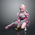 Game Character With Pink Long Hair Holding Pink White Long Gun Kneeling On One Knee