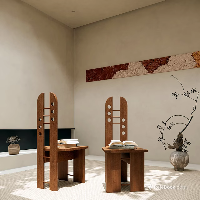 Wooden Single Chair With Minimalist Design Side Table Books Wall Art And Vase Branches 3d model 