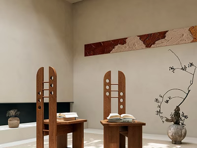 Wooden Single Chair With Minimalist Design Side Table Books Wall Art And Vase Branches 3d model