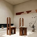 Wooden Single Chair With Minimalist Design Side Table Books Wall Art And Vase Branches