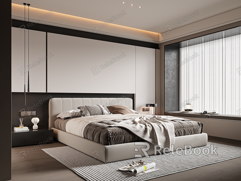 Modern Bedroom Double Bed Bedside Cabinet Pillow Carpet Chandelier Jewelry Ornaments model