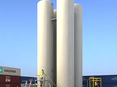 Large Industrial Storage Tanks at Maersk Outdoor Industrial Facility with Maintenance Workers 3d model