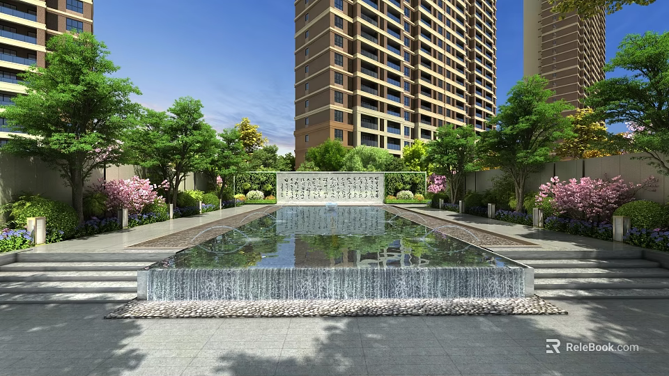 Reflective Water Fountain in Courtyard with High Rise Buildings Green Trees and Pink Flowers 3d model 