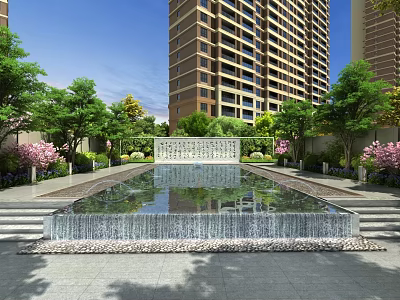 Reflective Water Fountain in Courtyard with High Rise Buildings Green Trees and Pink Flowers 3d model