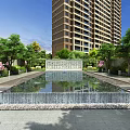 Reflective Water Fountain in Courtyard with High Rise Buildings Green Trees and Pink Flowers
