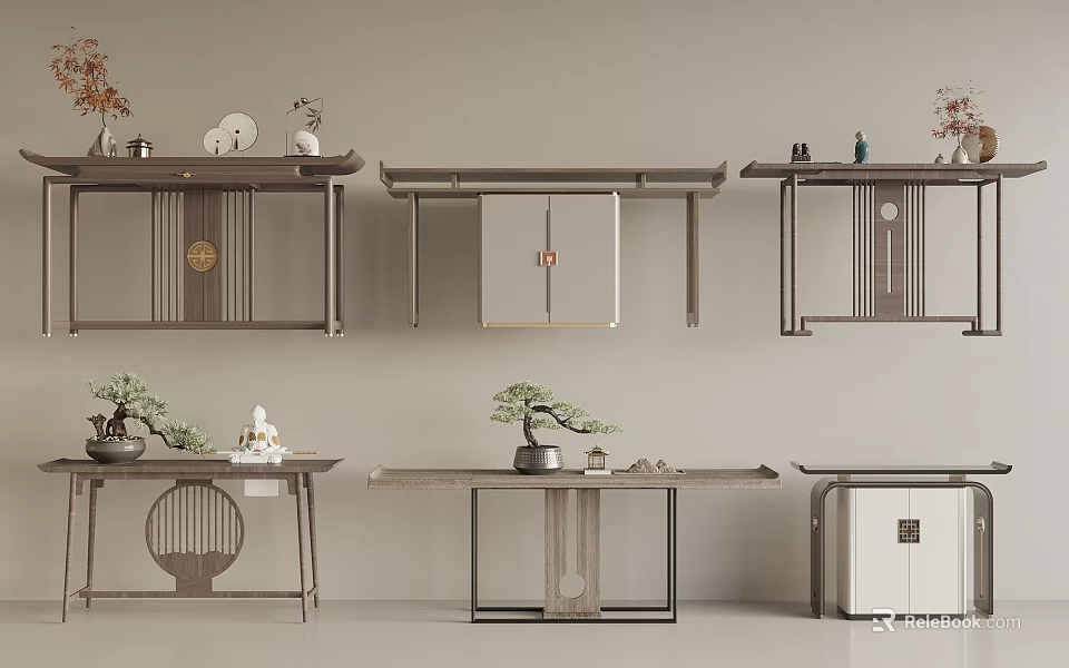 Chinese Style Console Table Interior Design With Decorative Shelves Potted Plants And Tea Sets 3d model 