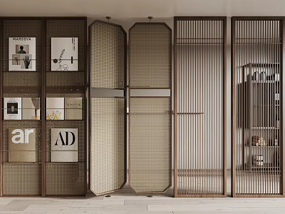 Stylish Room Dividers With Wooden Slats Woven Mesh And Decorative Frames For Interior Design 3d model