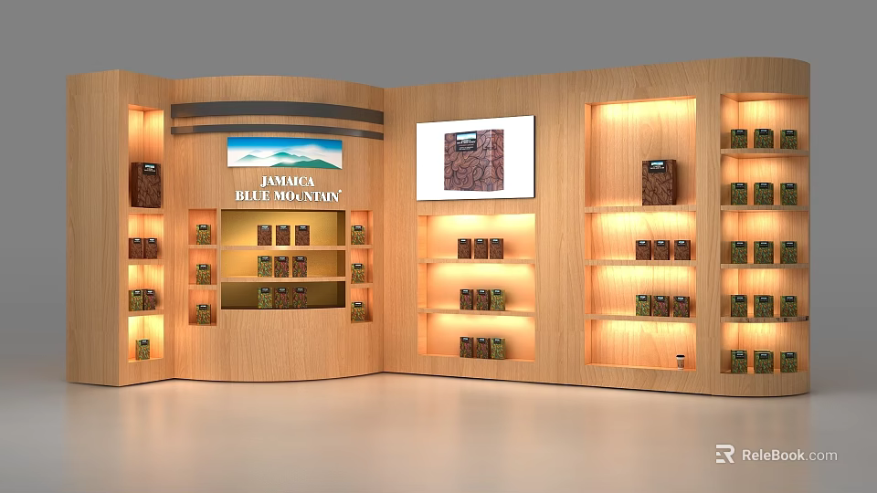 Curved Wooden Display Shelves With Jamaica Blue Mountain Coffee Products And Digital Screen 3d model 