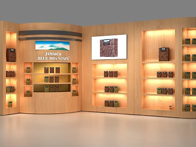 Curved Wooden Display Shelves With Jamaica Blue Mountain Coffee Products And Digital Screen 3d model