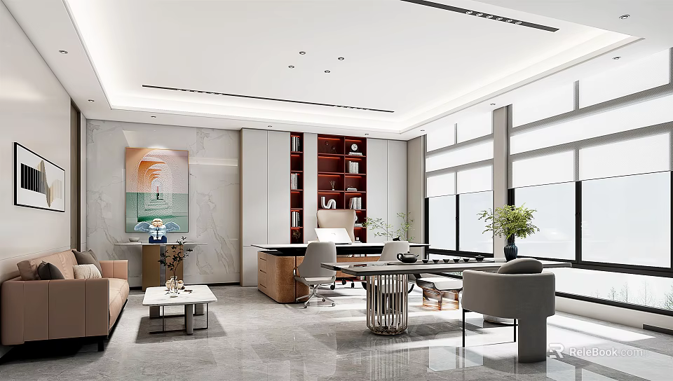 Modern Office Interior Design With Desk Sofa Bookshelf Large Windows And Decorative Painting 3d model 