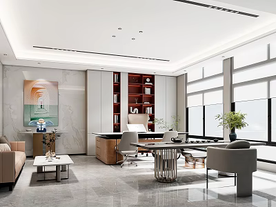 Modern Office Interior Design With Desk Sofa Bookshelf Large Windows And Decorative Painting 3d model