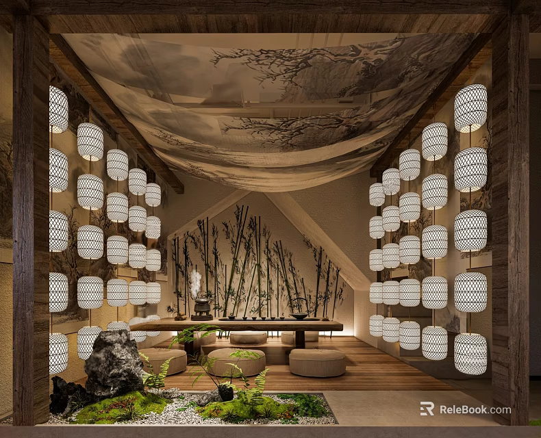 Traditional Tea Room Interior With Hanging Lanterns Bamboo And Stone Features 3d model