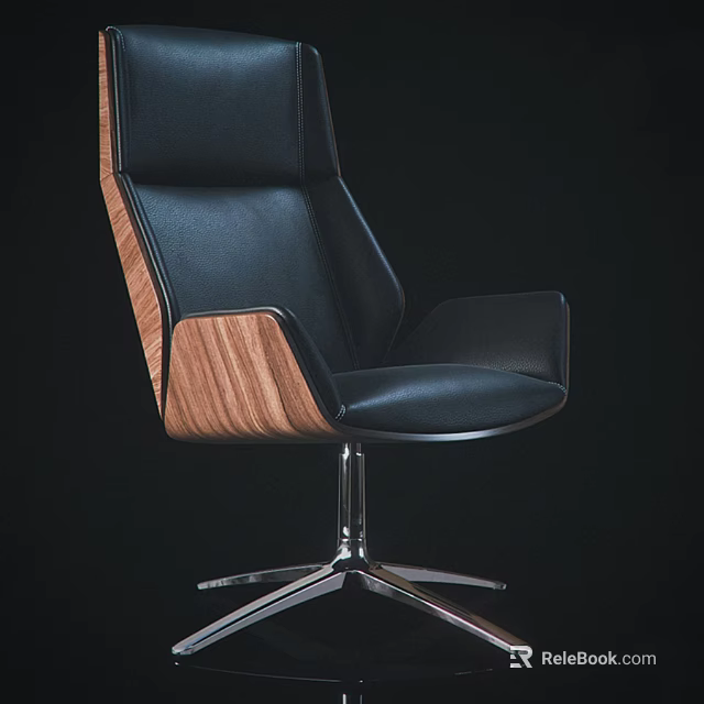 Modern Office Chair With Black Leather Upholstery Walnut Wood Accents And Metal Five-Star Base 3d model 