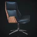 Modern Office Chair With Black Leather Upholstery Walnut Wood Accents And Metal Five-Star Base