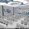 Modern Conference Room Interior With Large Digital Screen Data Charts Arranged Tables And Chairs