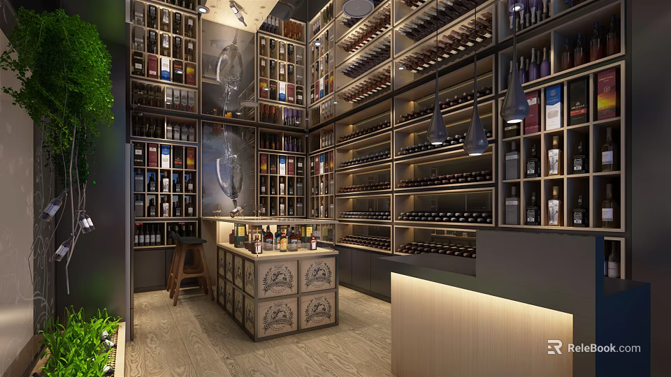 Elegant Bar Interior With Wine Racks Numerous Bottles Green Plants And Hanging Lights 3d model 