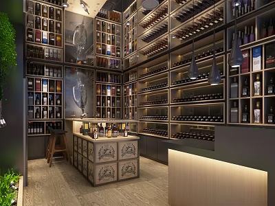 Elegant Bar Interior With Wine Racks Numerous Bottles Green Plants And Hanging Lights 3d model