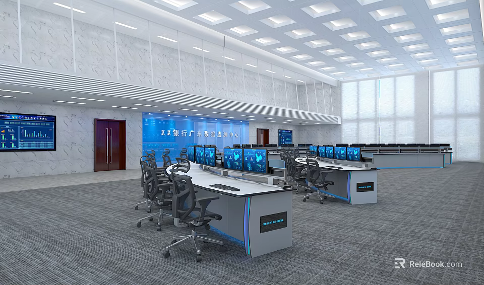 Modern Monitoring Room With Multiple Computer Monitors Control Consoles And Ergonomic Office Chairs 3d model 